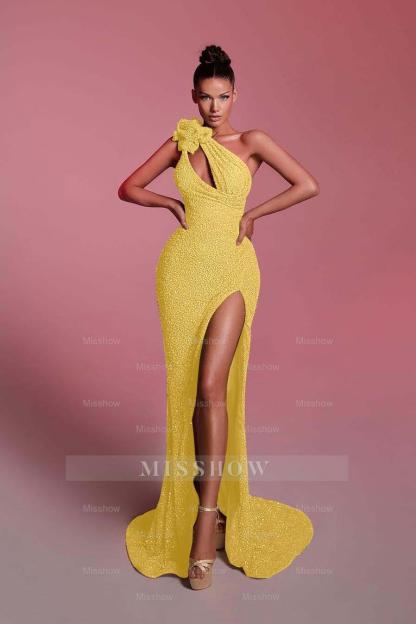 Charming Sequins One Shoulder Sleeveless Long Formal Dress With Front Split