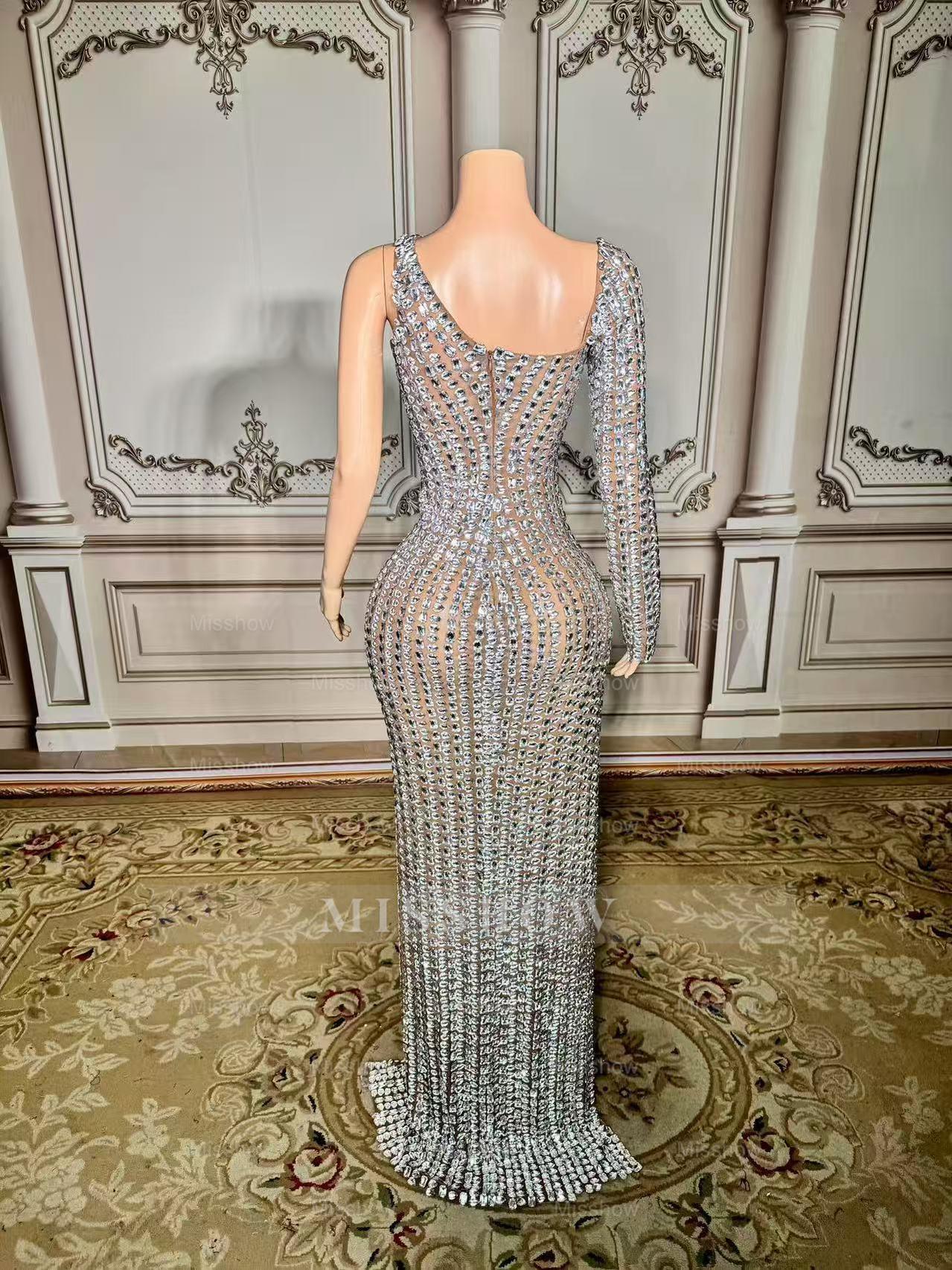 Charming Silver Mermaid One-Shoulder Beaded Long Sleeve Front Slit Tulle Long Prom Dresses With Rhinestones