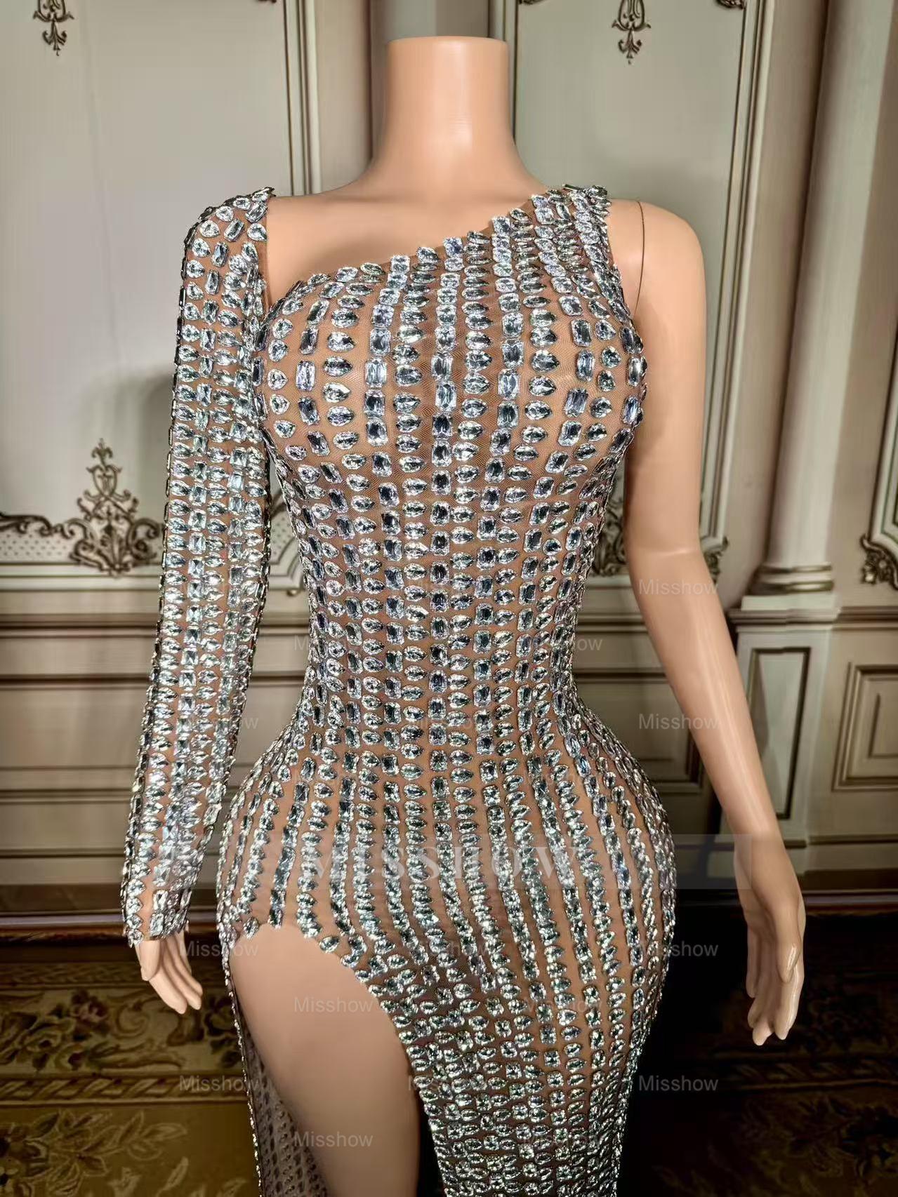 Charming Silver Mermaid One-Shoulder Beaded Long Sleeve Front Slit Tulle Long Prom Dresses With Rhinestones