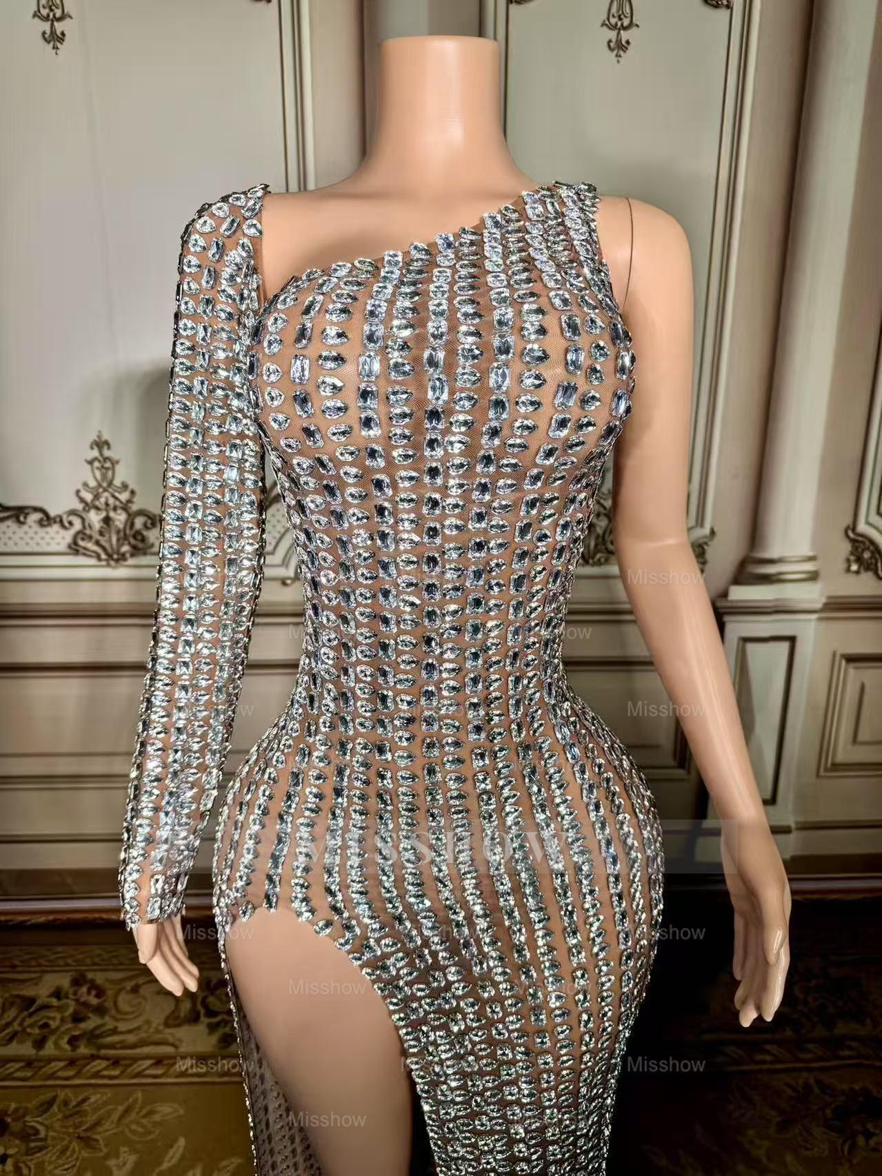 Charming Silver Mermaid One-Shoulder Beaded Long Sleeve Front Slit Tulle Long Prom Dresses With Rhinestones