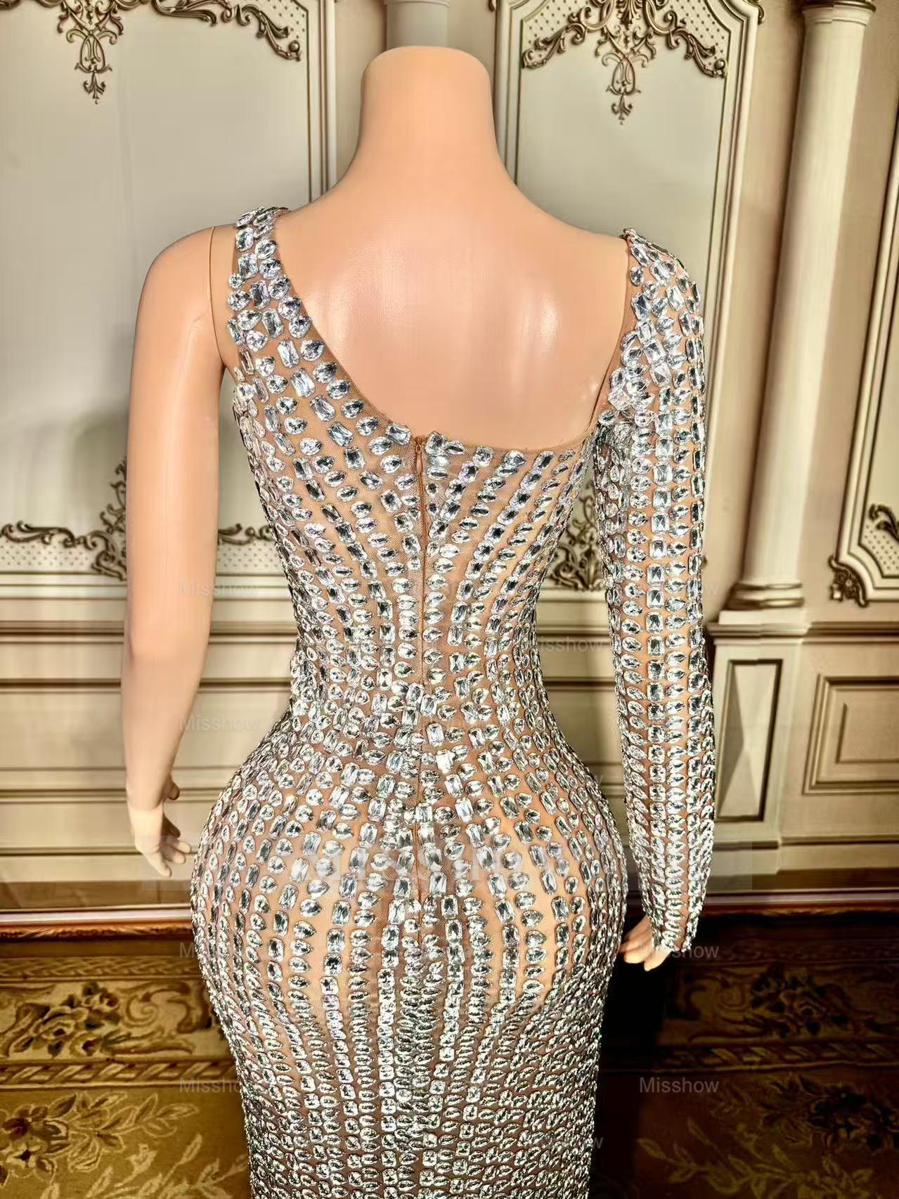 Charming Silver Mermaid One-Shoulder Beaded Long Sleeve Front Slit Tulle Long Prom Dresses With Rhinestones