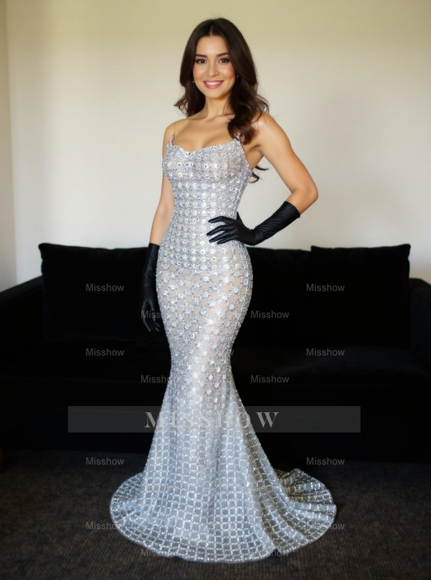 Charming Silver Mermaid Strapless Beaded Sleeveless Floor-Length Tulle Prom Dresses With Rhinestones