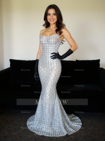 Charming Silver Mermaid Strapless Beaded Sleeveless Floor-Length Tulle Prom Dresses With Rhinestones