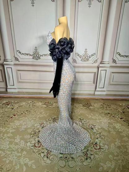 Charming Silver Mermaid Strapless Beaded Sleeveless Floor-Length Tulle Prom Dresses With Rhinestones