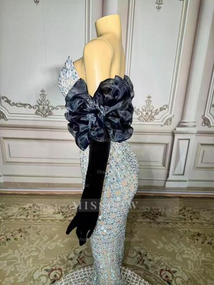 Charming Silver Mermaid Strapless Beaded Sleeveless Floor-Length Tulle Prom Dresses With Rhinestones