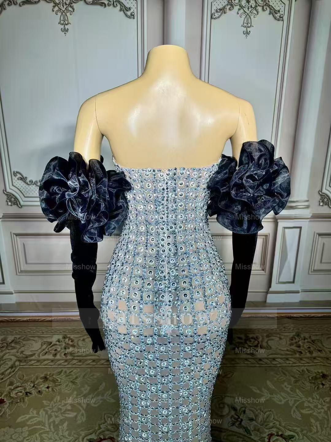 Charming Silver Mermaid Strapless Beaded Sleeveless Floor-Length Tulle Prom Dresses With Rhinestones