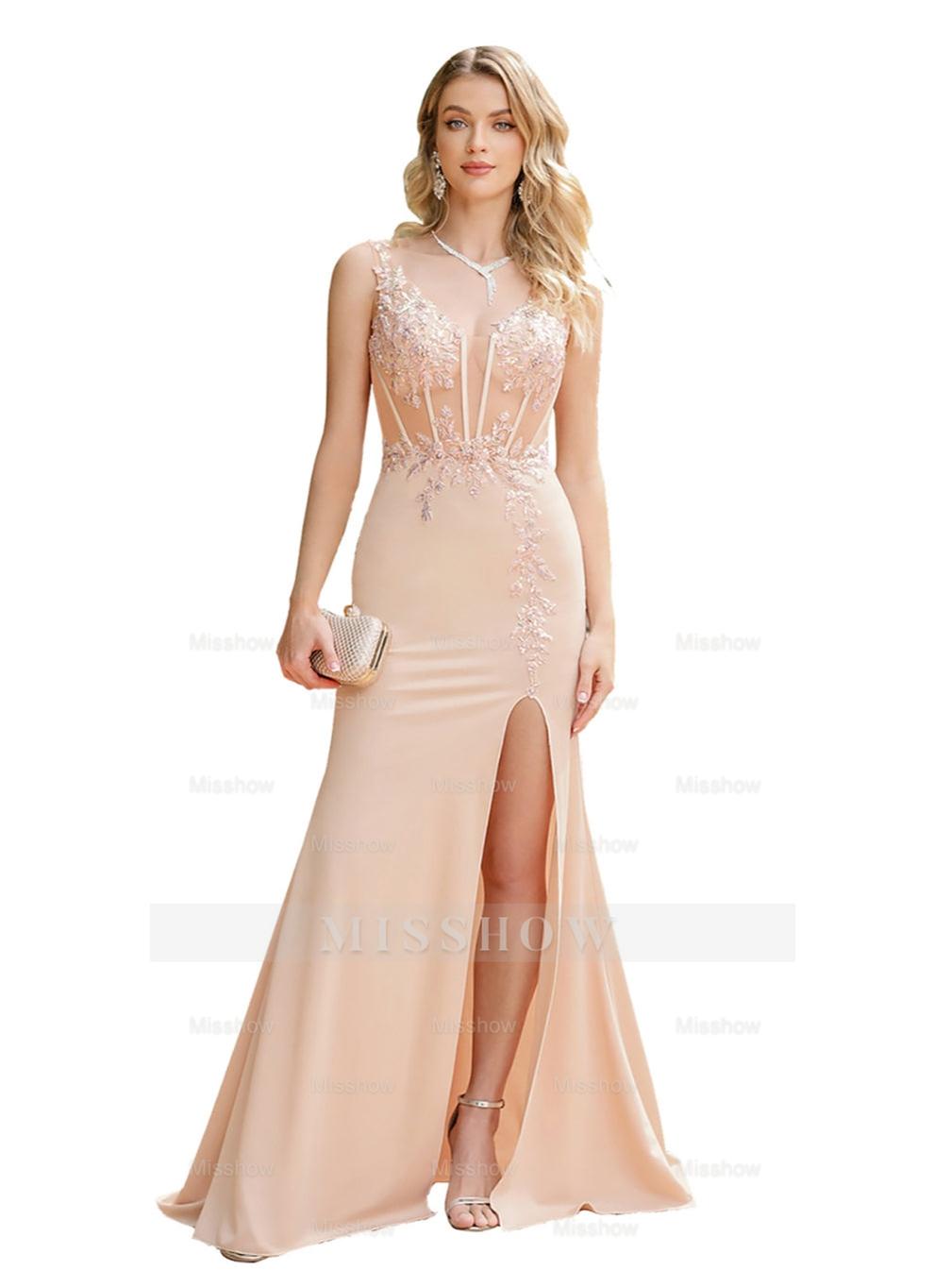 Charming Sleeveless V-Neck Slit Mermaid Floor Length Dress with Appliques