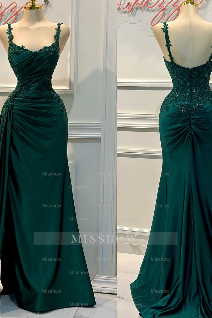 Charming Spaghetti Strap Sleeveless Pleated Long Formal Dress With Appliques