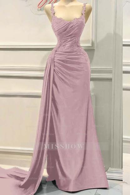 Charming Spaghetti Strap Sleeveless Pleated Long Formal Dress With Appliques