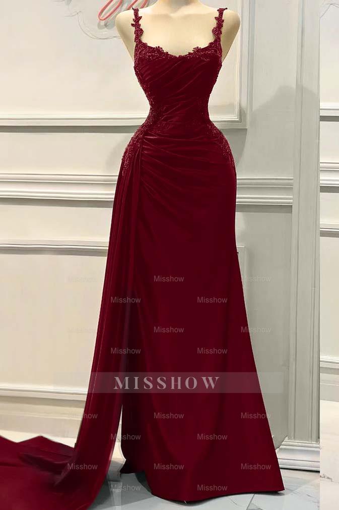 Charming Spaghetti Strap Sleeveless Pleated Long Formal Dress With Appliques