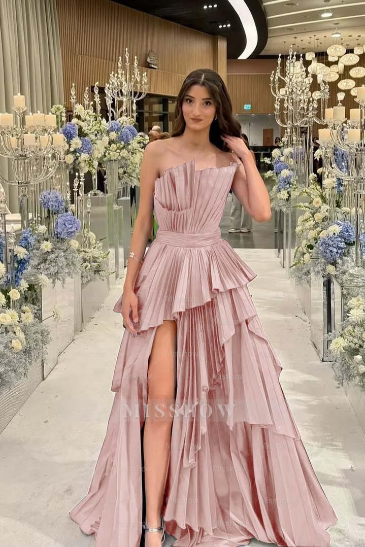 Charming Strapless Sleeveless Long Split Formal Dress With Pleated