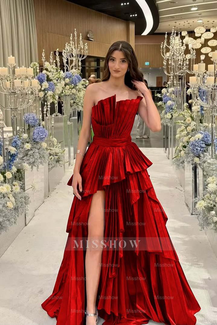 Charming Strapless Sleeveless Long Split Formal Dress With Pleated