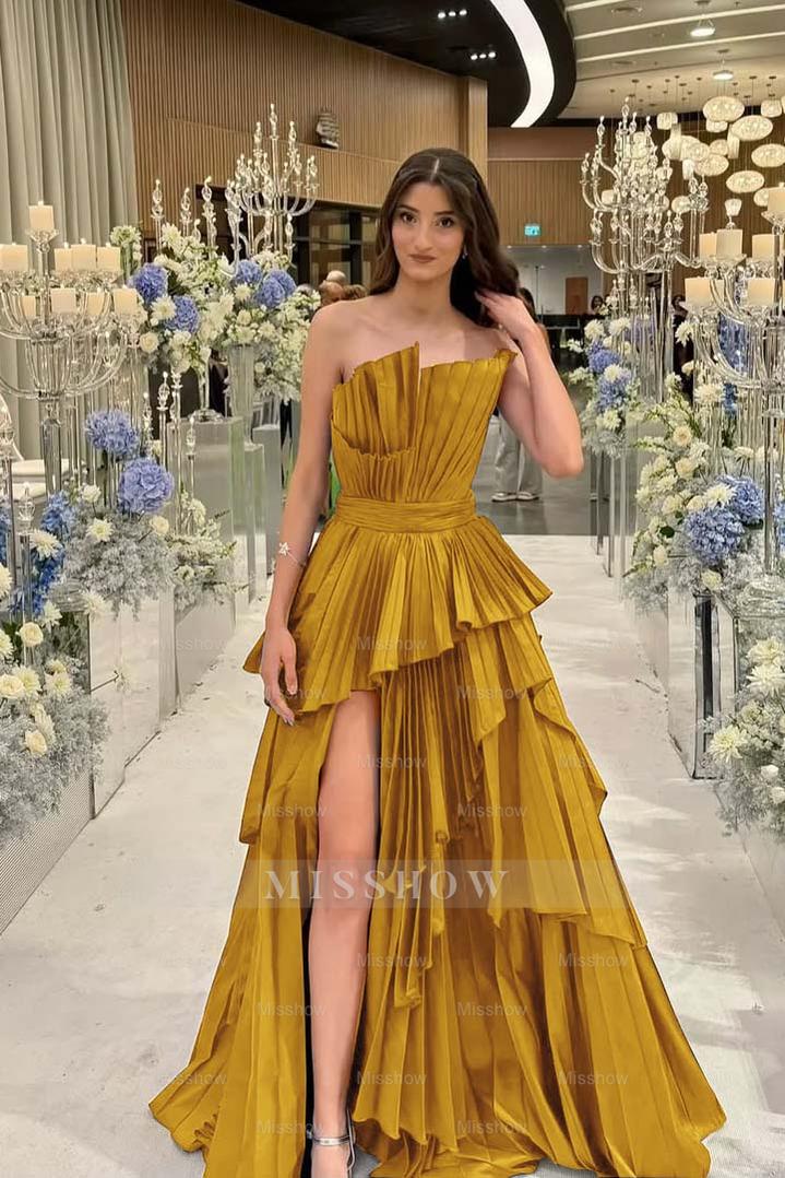 Charming Strapless Sleeveless Long Split Formal Dress With Pleated