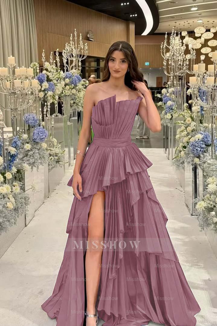 Charming Strapless Sleeveless Long Split Formal Dress With Pleated