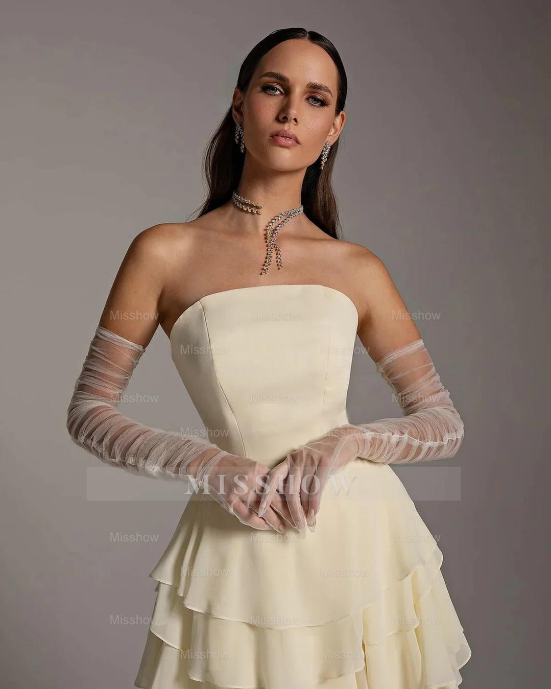 Charming Strapless Sleeveless Ruffles Long Formal Dress With Gloves