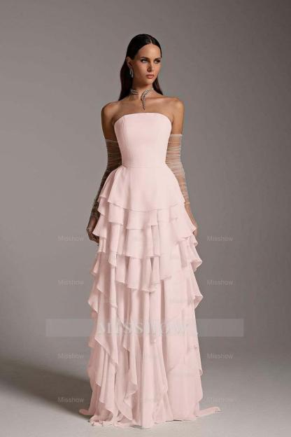 Charming Strapless Sleeveless Ruffles Long Formal Dress With Gloves