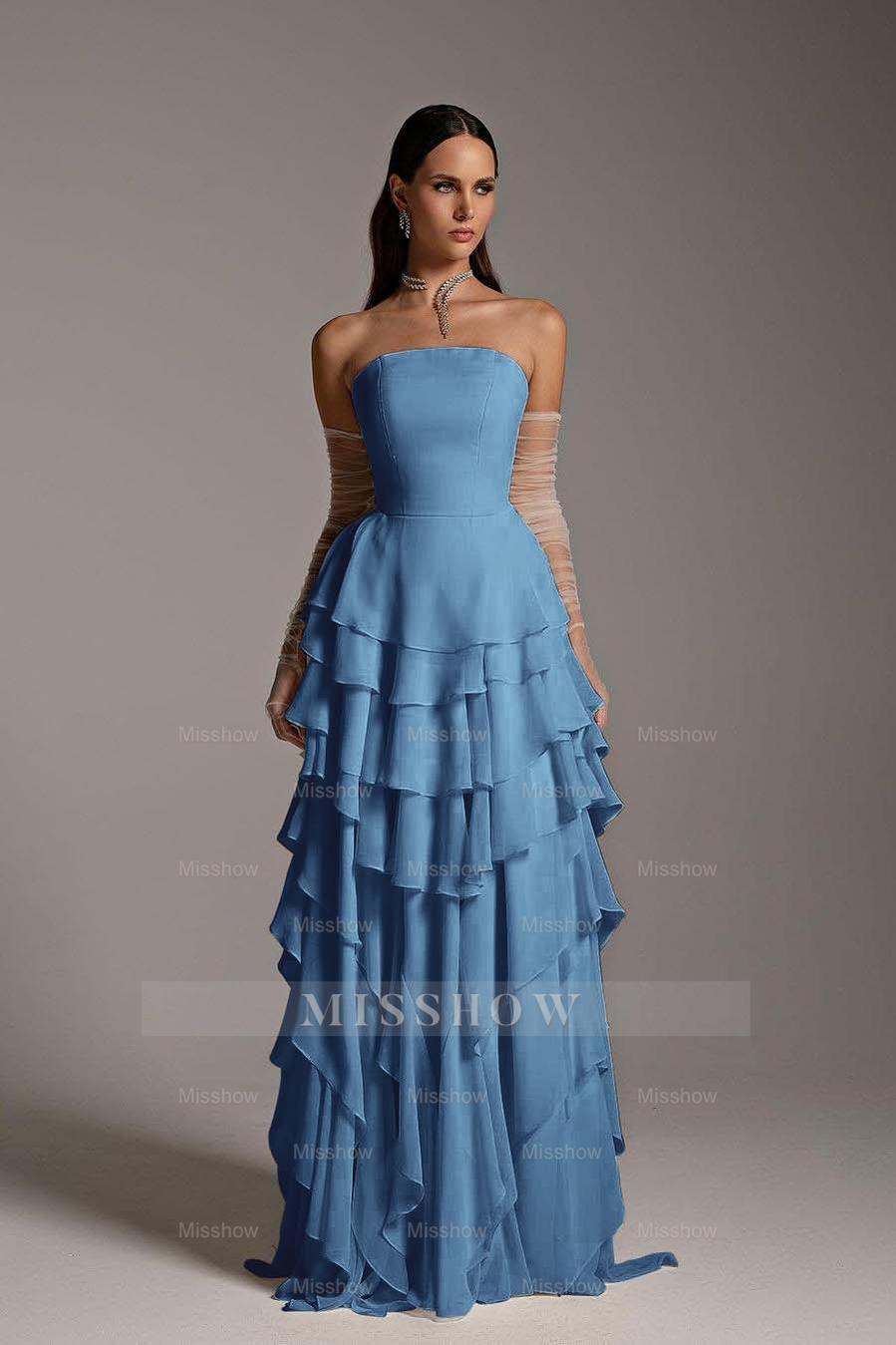 Charming Strapless Sleeveless Ruffles Long Formal Dress With Gloves