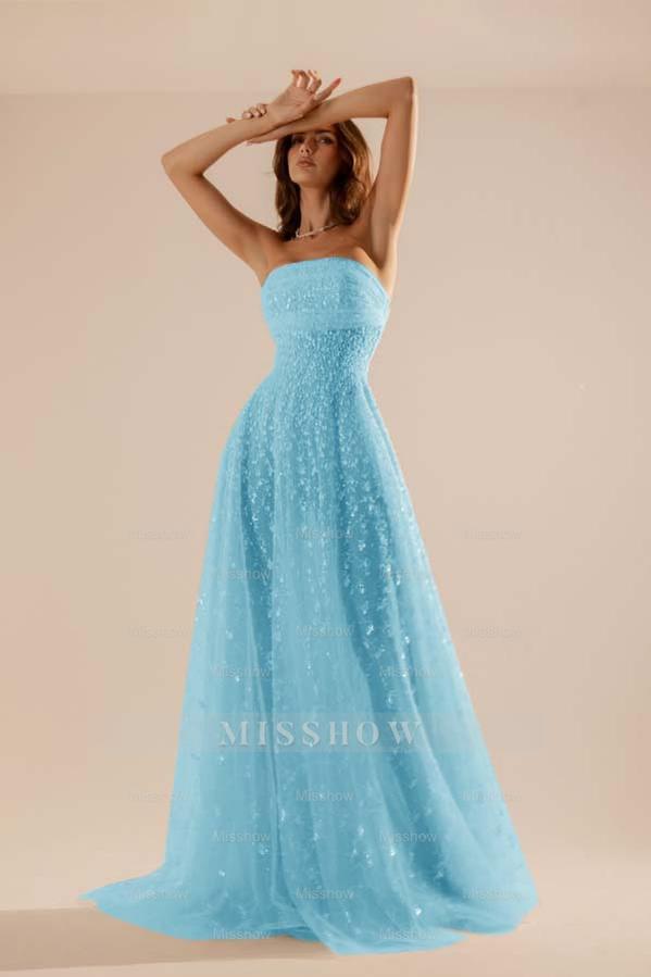 Charming Tulle Strapless Sleeveless Long Formal Dress With Beading