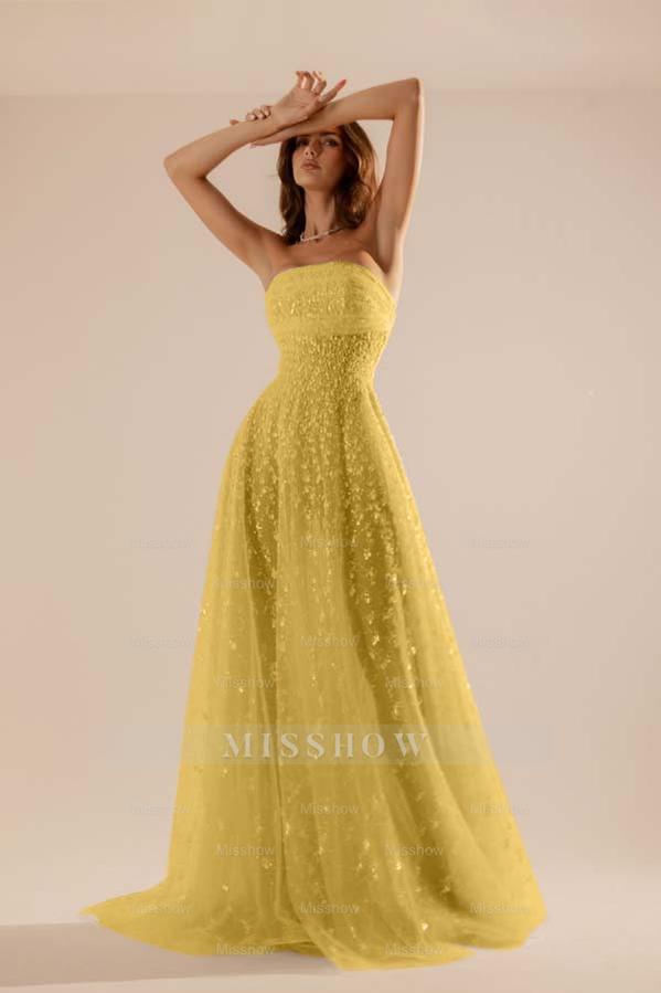 Charming Tulle Strapless Sleeveless Long Formal Dress With Beading