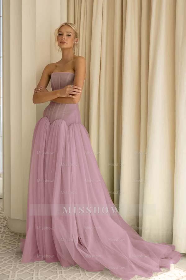 Charming Tulle Strapless Sleeveless Long Formal Dress With Pleated