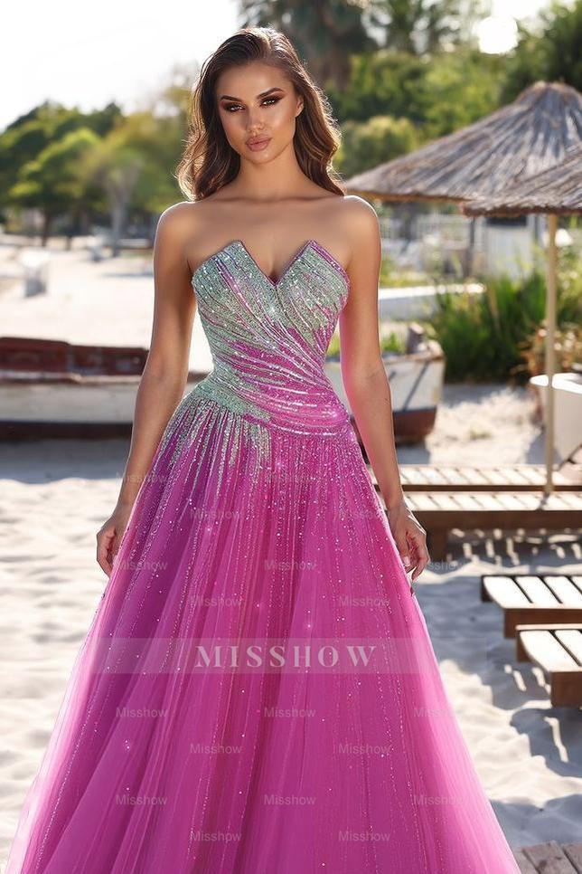 Charming Tulle Strapless Sleeveless Mermaid Long Formal Dress With Sequins