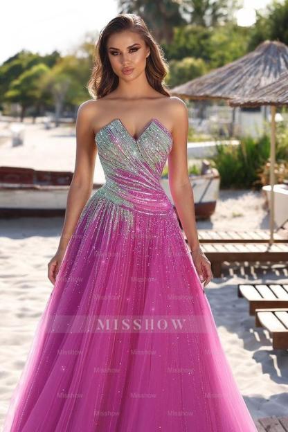 Charming Tulle Strapless Sleeveless Mermaid Long Formal Dress With Sequins