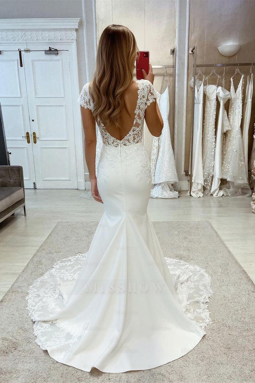 Charming V-neck Lace Sleeveless Mermaid Wedding Dress With Train