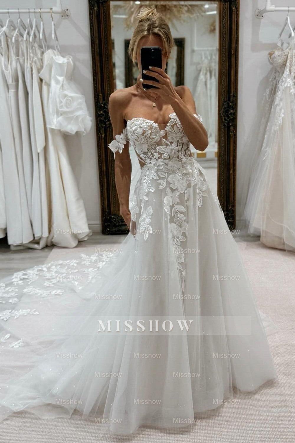 Charming White A-Line Lace Off-The-Shoulder Sleeveless Cathedral Train Tulle Wedding Dresses With Appliques