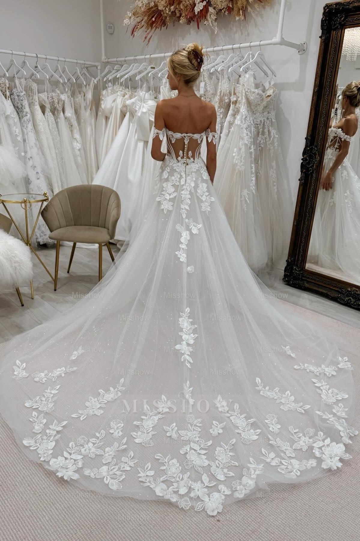 Charming White A-Line Lace Off-The-Shoulder Sleeveless Cathedral Train Tulle Wedding Dresses With Appliques