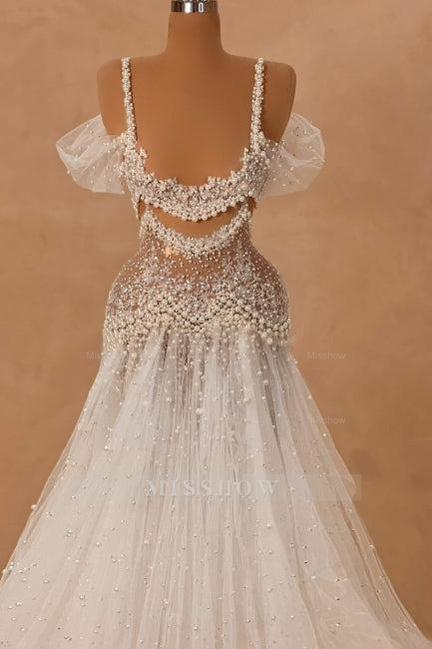 Charming White A-Line Off-The-Shoulder Spaghetti Strap Beaded Lace Sleeveless Long Tulle Wedding Dresses With Pearls