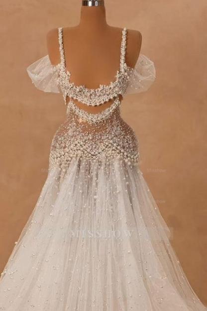 Charming White A-Line Off-The-Shoulder Spaghetti Strap Beaded Lace Sleeveless Long Tulle Wedding Dresses With Pearls