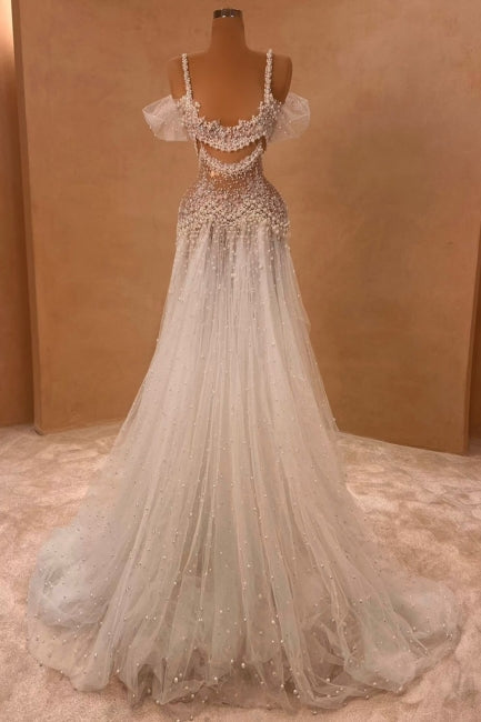 Charming White A-Line Off-The-Shoulder Spaghetti Strap Beaded Lace Sleeveless Long Tulle Wedding Dresses With Pearls