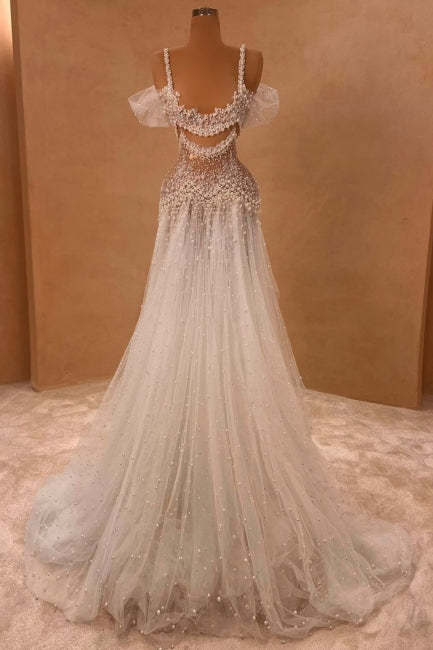 Charming White A-Line Off-The-Shoulder Spaghetti Strap Beaded Lace Sleeveless Long Tulle Wedding Dresses With Pearls