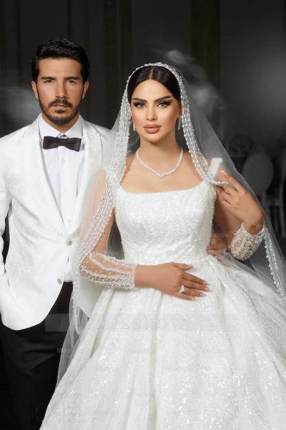 Charming White A-Line Square Spaghetti Strap Beaded Illusion Sleeves Sequined Ball Gown Long Satin Wedding Dresses With Ruffles