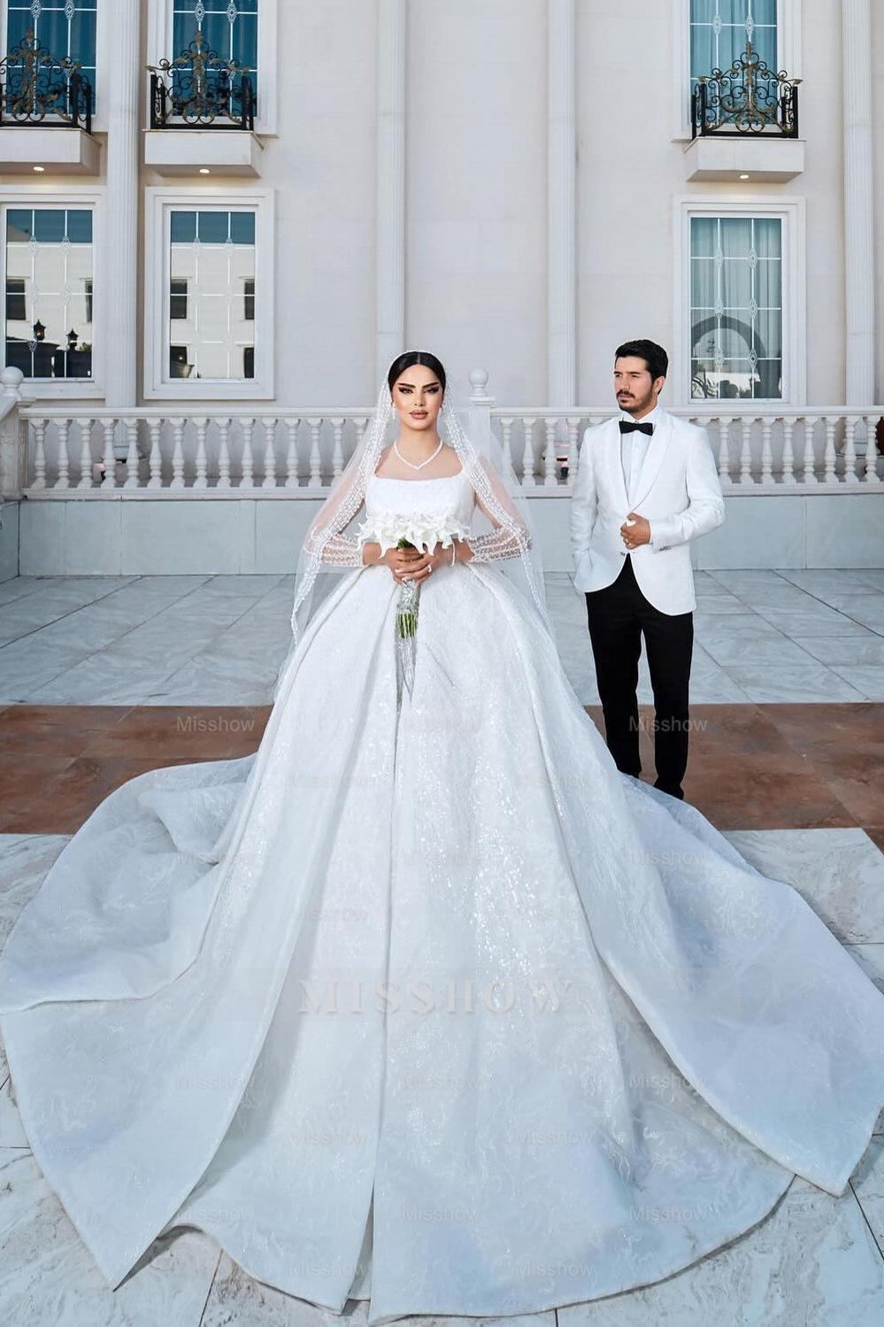 Charming White A-Line Square Spaghetti Strap Beaded Illusion Sleeves Sequined Ball Gown Long Satin Wedding Dresses With Ruffles