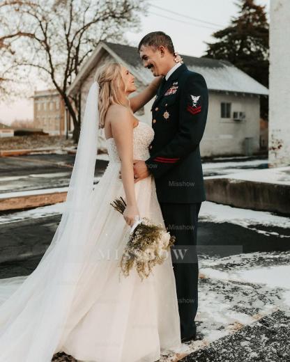 Charming White A-Line Strapless Beaded Sleeveless Tulle Long Wedding Dress With Pearls