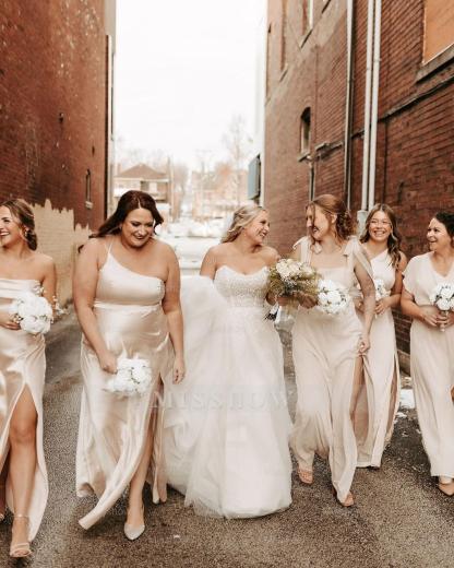 Charming White A-Line Strapless Beaded Sleeveless Tulle Long Wedding Dress With Pearls