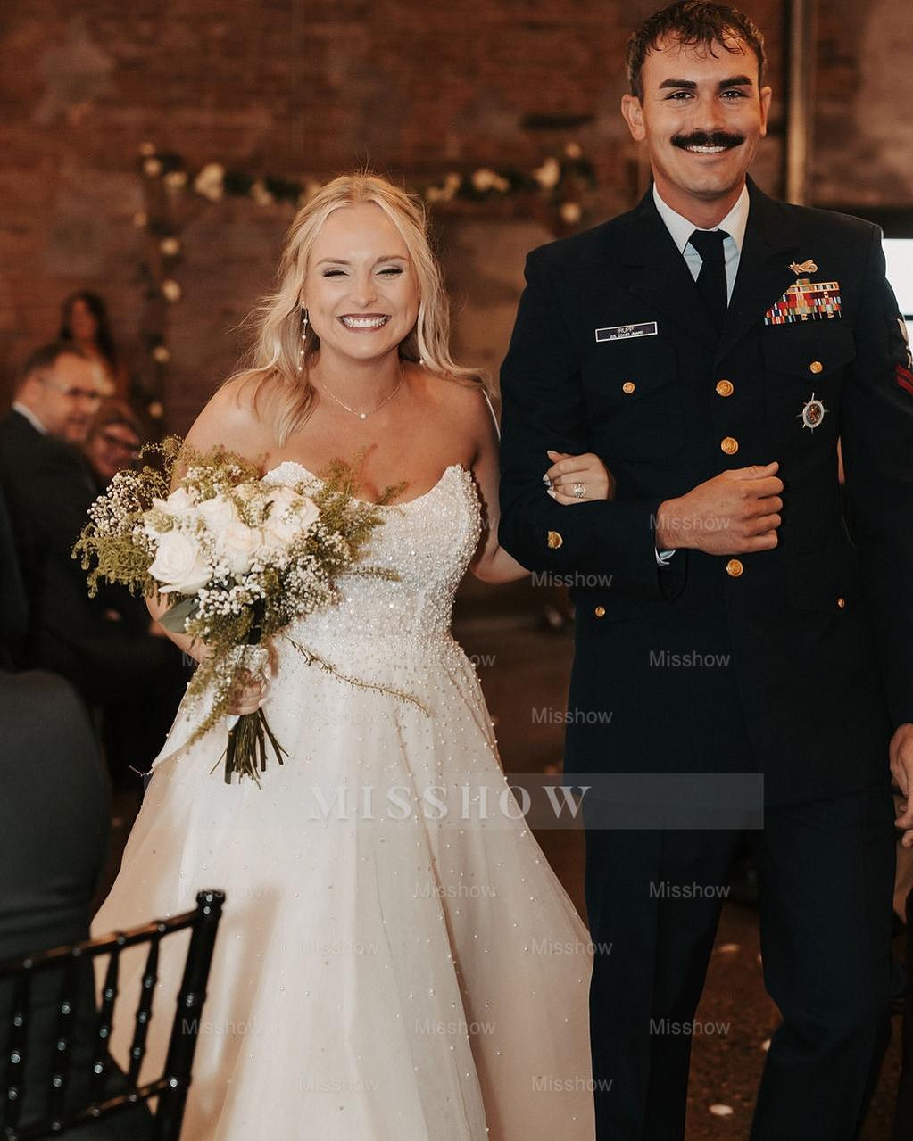 Charming White A-Line Strapless Beaded Sleeveless Tulle Long Wedding Dress With Pearls