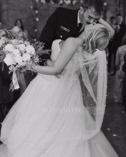 Charming White A-Line Strapless Beaded Sleeveless Tulle Long Wedding Dress With Pearls