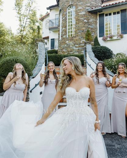 Charming White A-Line Sweetheart Sleeveless Front Split Long Tulle Wedding Dress With Appliques