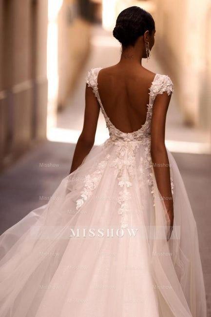 Charming White A-Line V-Neck Cap Sleeve Backless Sweep Train Tulle Wedding Dresses With Appliques