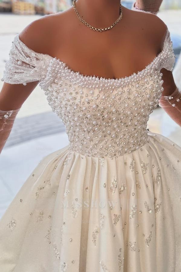 Charming White A-line Strapless Off-The-Shoulder Sleeveless Beaded Front Split Long Satin Evening Dresses with Pearls