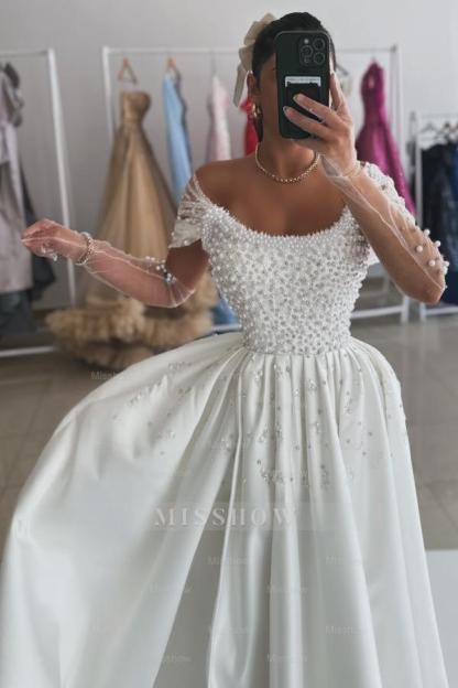 Charming White A-line Strapless Off-The-Shoulder Sleeveless Beaded Front Split Long Satin Evening Dresses with Pearls