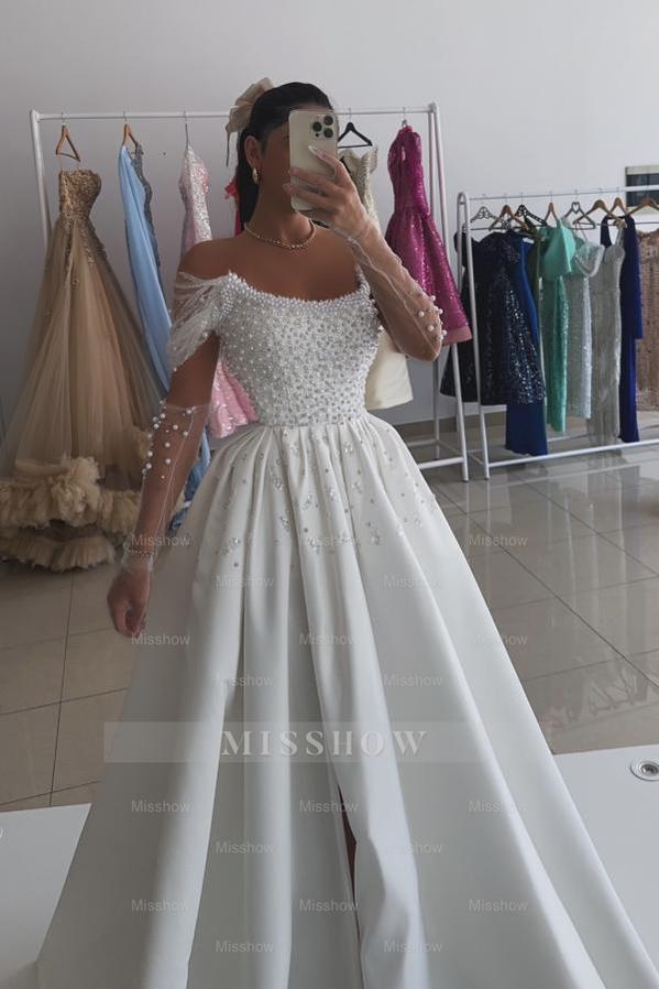 Charming White A-line Strapless Off-The-Shoulder Sleeveless Beaded Front Split Long Satin Evening Dresses with Pearls