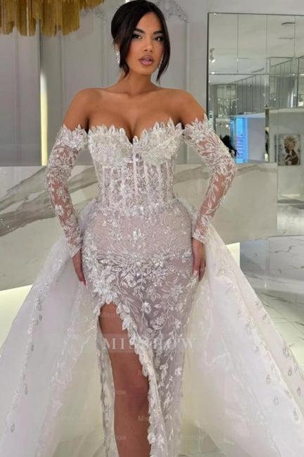 Charming White Column Sweetheart Off-The-Shoulder Long Sleeves Panel Train Lace Wedding Dresses With Slit