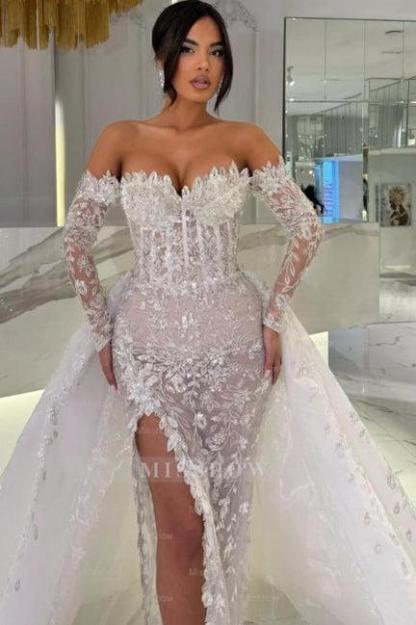 Charming White Column Sweetheart Off-The-Shoulder Long Sleeves Panel Train Lace Wedding Dresses With Slit