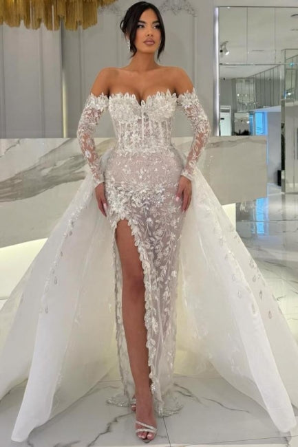 Charming White Column Sweetheart Off-The-Shoulder Long Sleeves Panel Train Lace Wedding Dresses With Slit