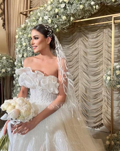 Charming White Lace Ball Gown Strapless Sleeveless Ruffles Sequined Cathedral Train Wedding Dress