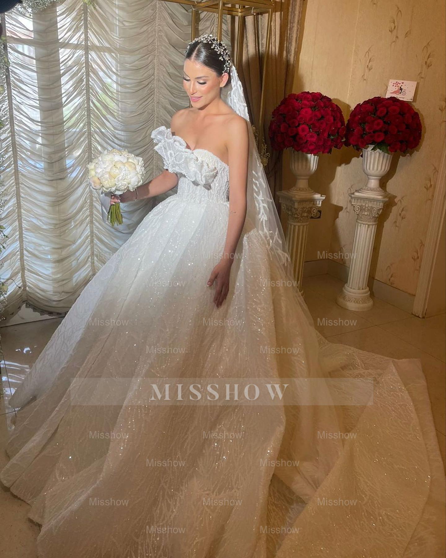 Charming White Lace Ball Gown Strapless Sleeveless Ruffles Sequined Cathedral Train Wedding Dress