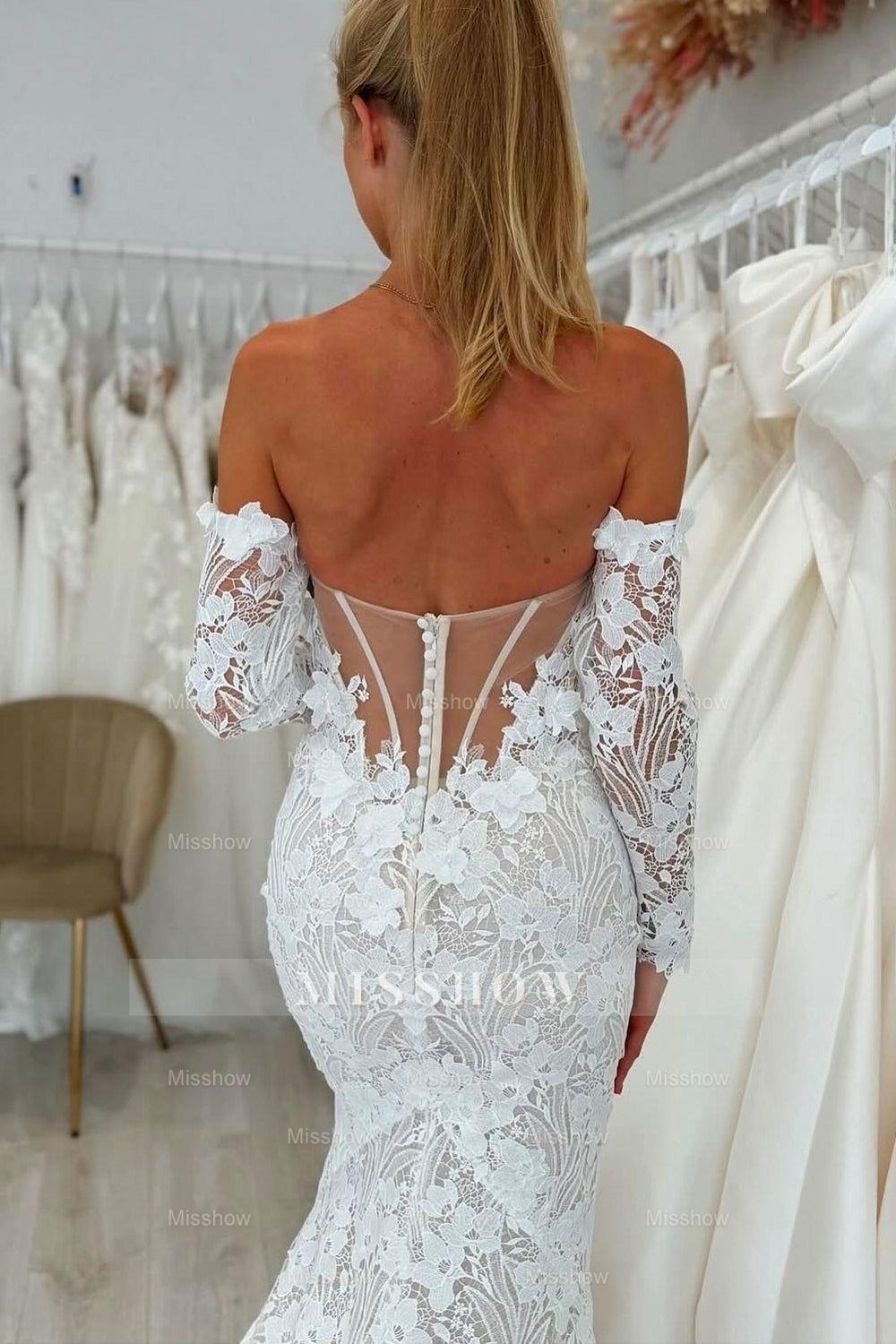 Charming White Lace Mermaid Sweetheart Off-The-Shoulder Long Sleeves Cathedral Train Wedding Dresses